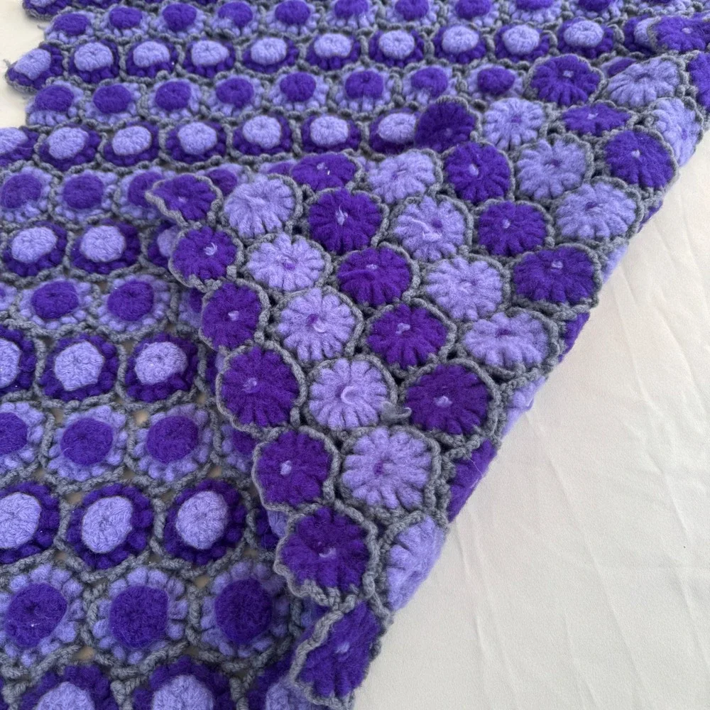 Handmade Crochet Wool 3D Puff Flower Lap Blanket Purple Lavender Throw 26x33